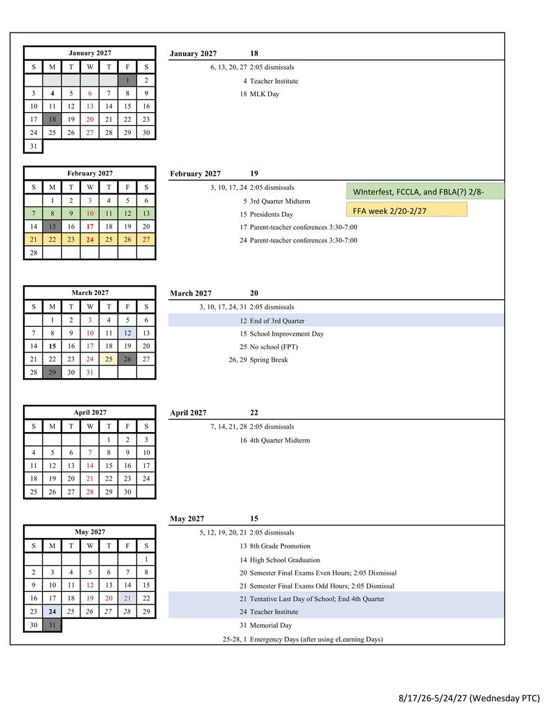 Shiloh district calendar for January-May 2027