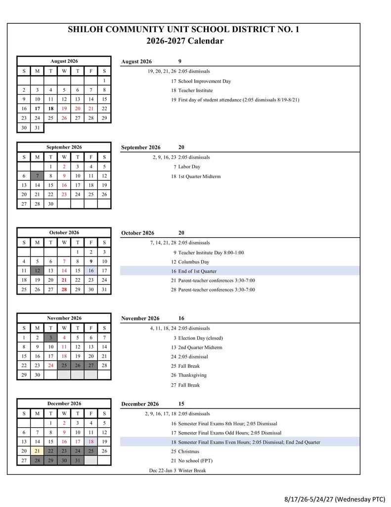 Shiloh district calendar for August-December 2026