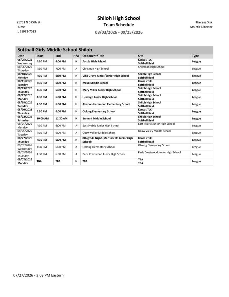 JH Softball Schedule