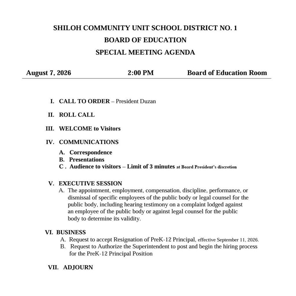 special board meeting on Friday, August 7, 2026