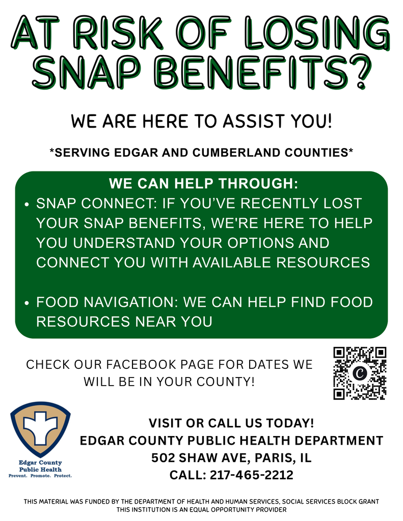 Poster advertising help from the Edgar County Health Department for those who need help with SNAP benefits or food resources. Call 217-465-2212.