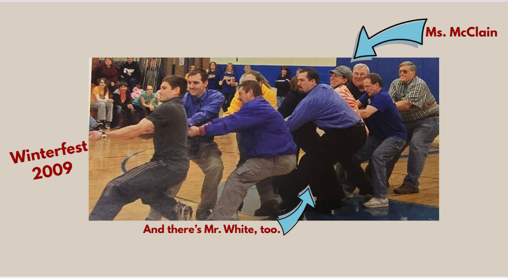 Yearbook photo from 2009 showing new principal Ms. McClain and new superintendent Mr. White playing tug of war in their early days as teachers at Shiloh