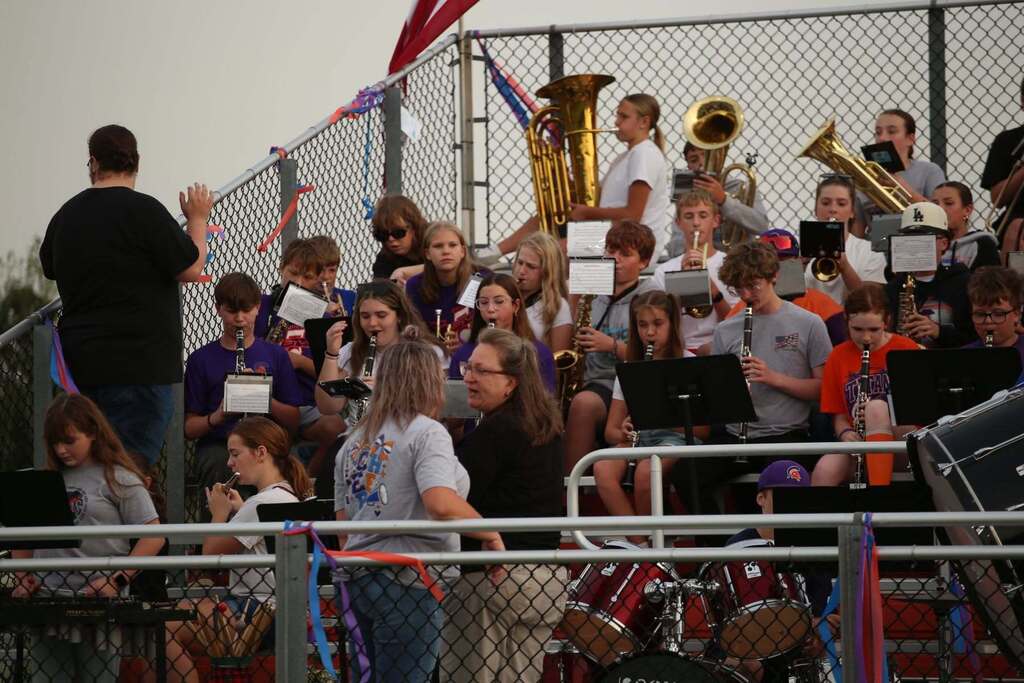 High school and junior high students from Shiloh, Oakland, and Kansas playing in the pep band at the September 18, 2026 football game