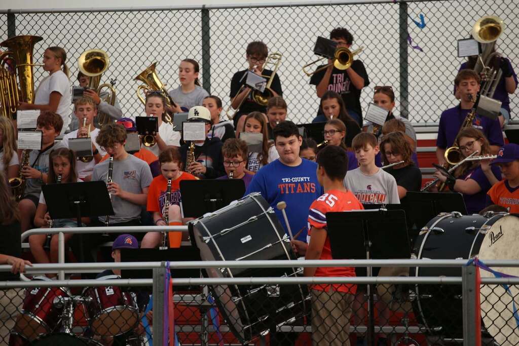 High school and junior high students from Shiloh, Oakland, and Kansas playing in the pep band at the September 18, 2026 football game