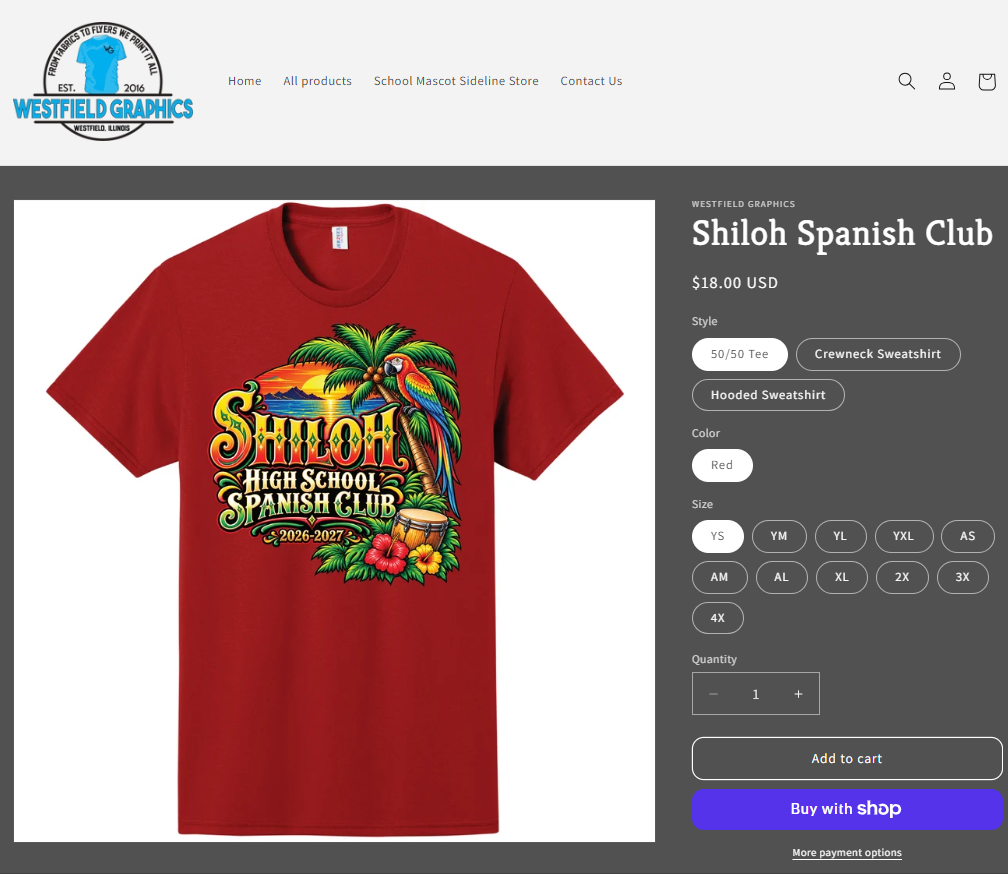 Picture of the ordering page for 2026 Spanish club shirts. The shirts are red with a parrot on a palm tree in the foreground and the sun setting on the water in the background.