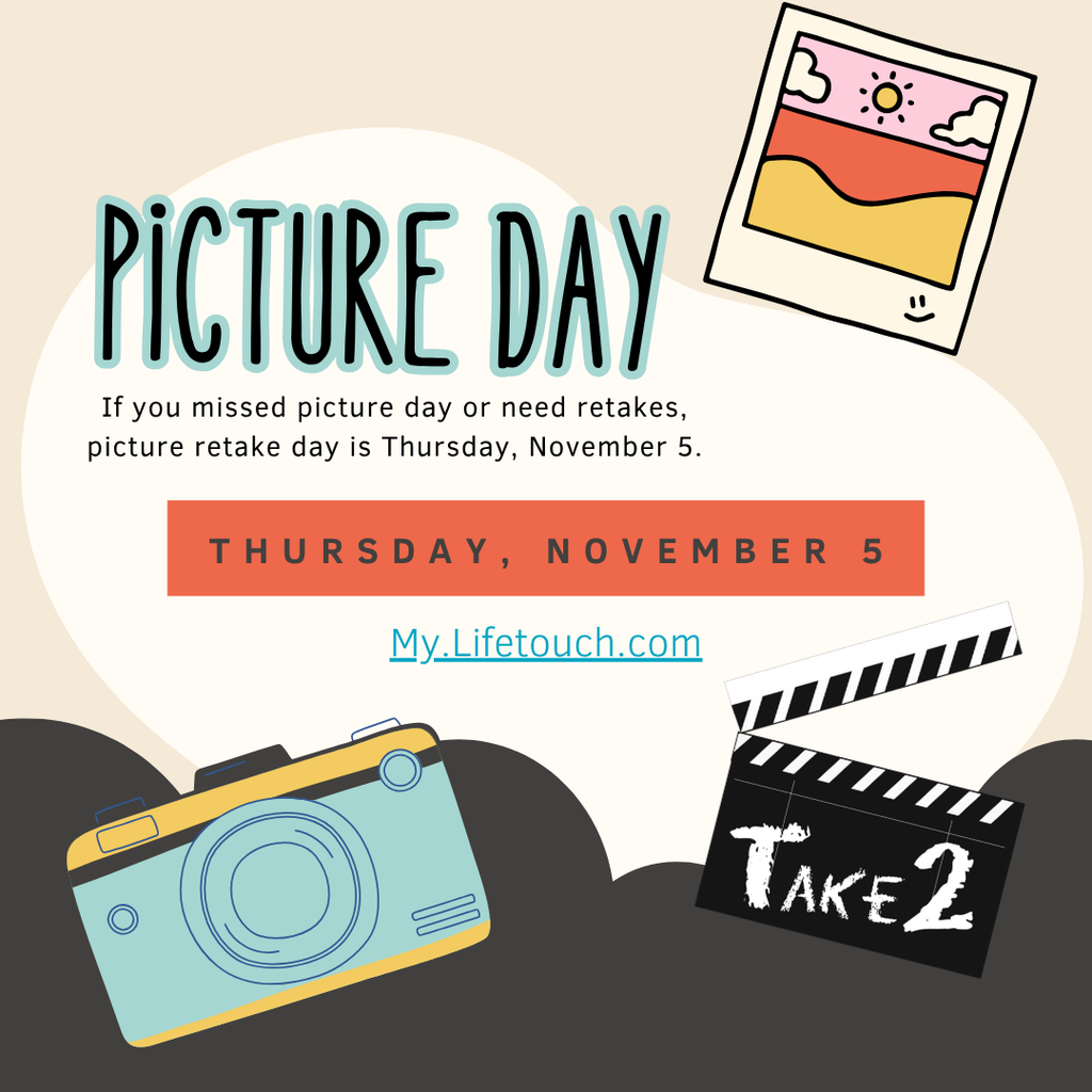 Decorative graphic with an illustrated camera and Take 2 clipboard advertising that picture retakes will be on Thursday, November 5, 2026