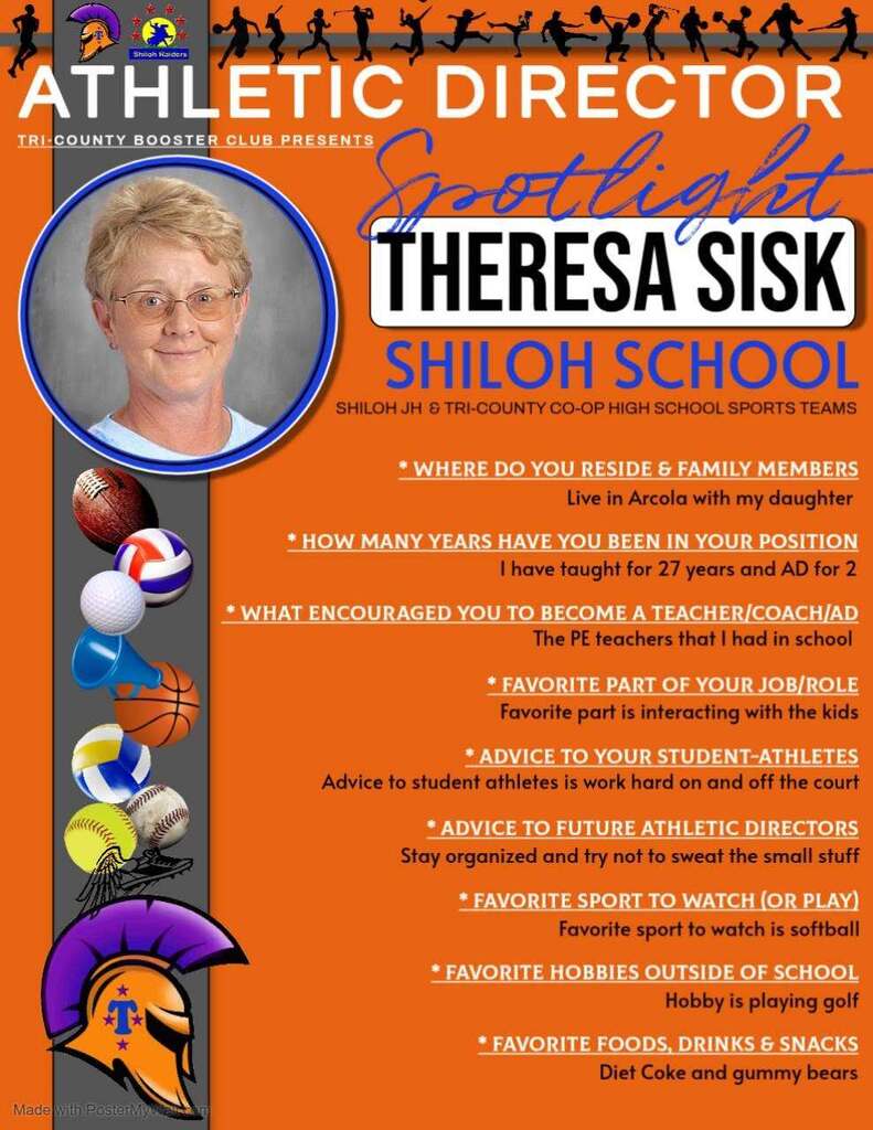 Graphic from the Tri-county Booster Club spotlighting Ms. Sisk as athletic director
