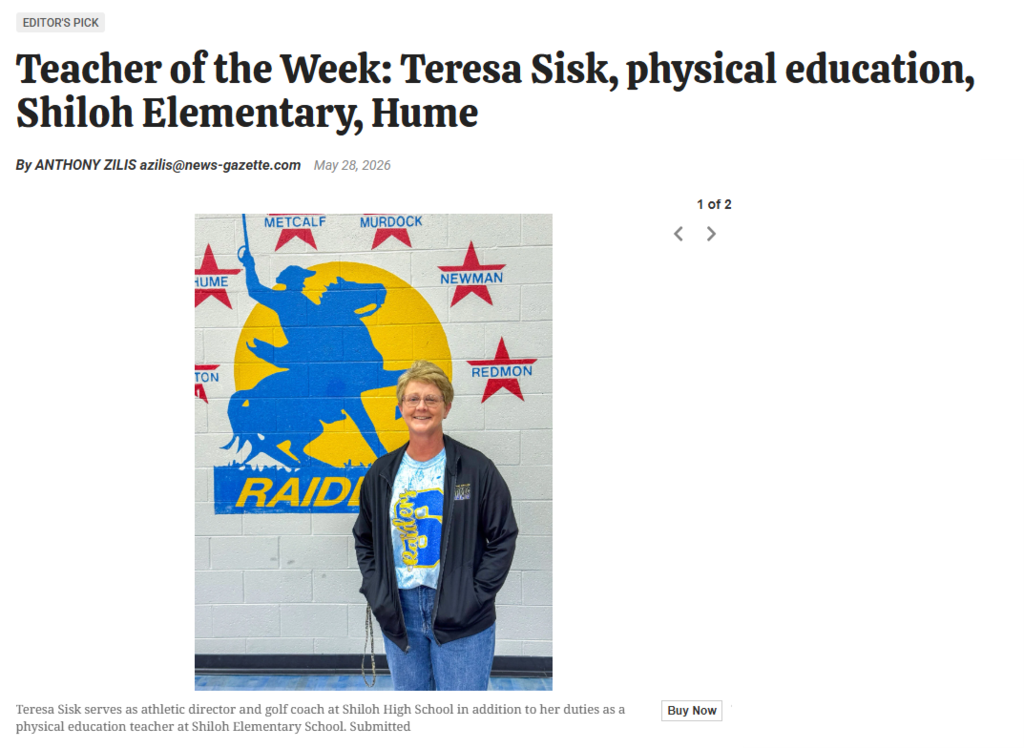 Screenshot of online article from the News Gazette recognizin Theresa Sisk as Teacher of the Week on May 28, 2026