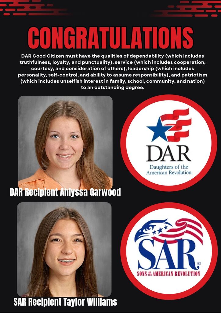 Pictures of DAR award recipient Ahlyssa Garwood and SAR recipient Taylor Williams