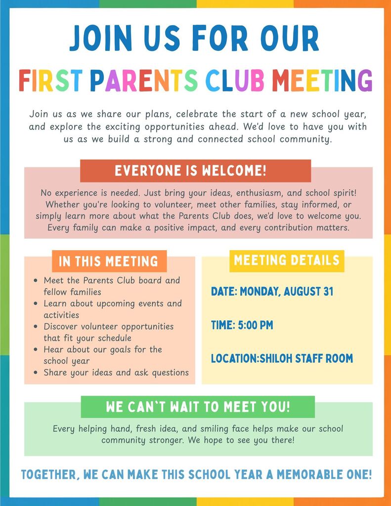 Flyer with details for the Parents Club Meeting August 31 at 5 p.m.