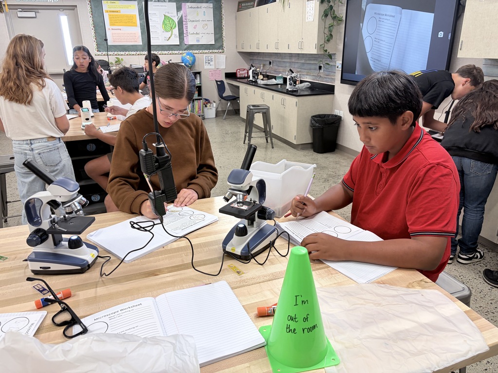 7th grade scientists using microscopes in the science lab.
