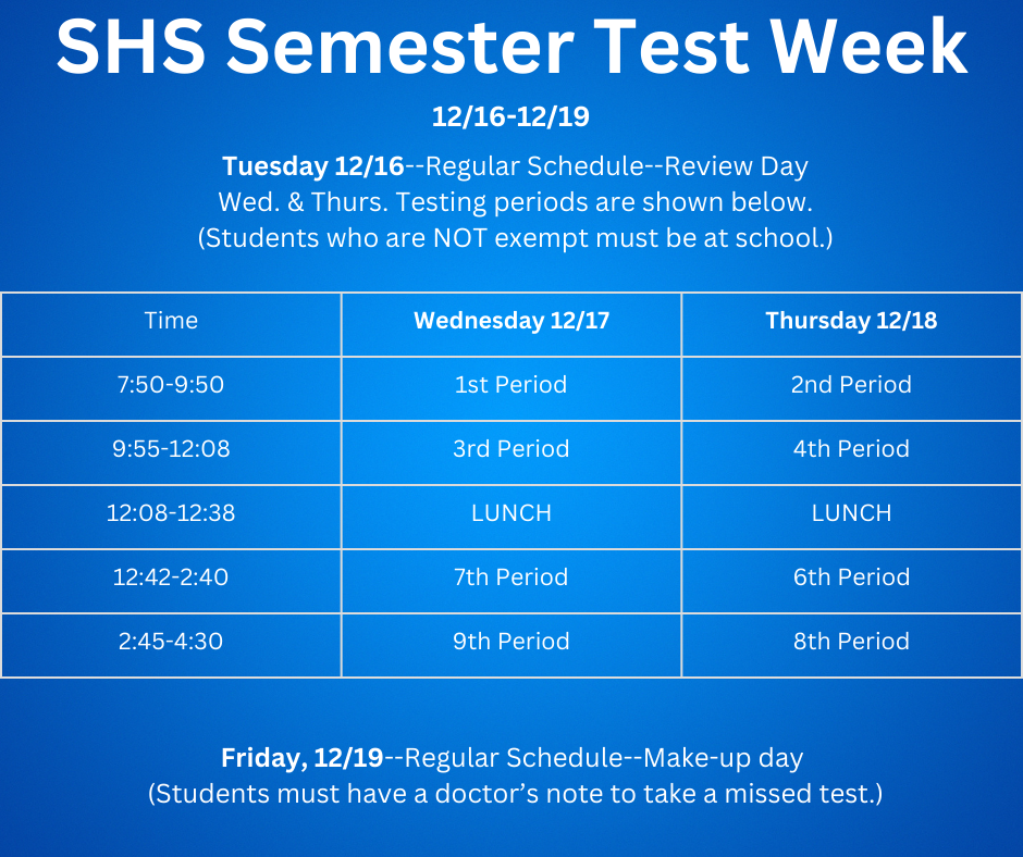 SHS Fall Semester Test Schedule
