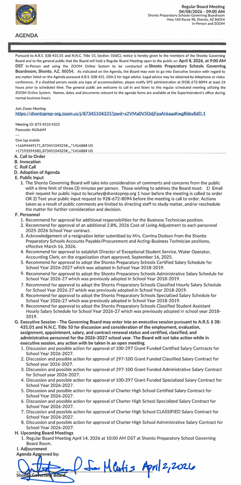 Special Board Meeting Agenda