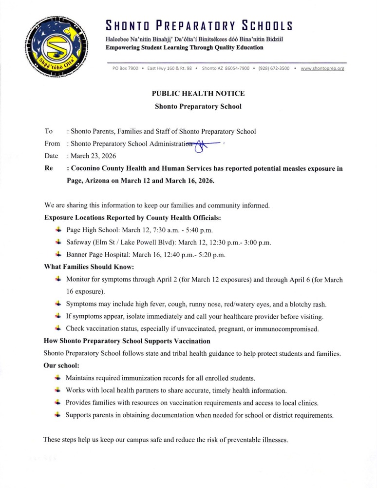 Public Health Notice regarding Measle exposure Page, AZ