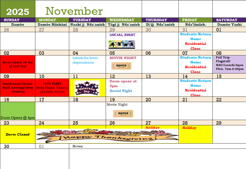 November Residential Calendar