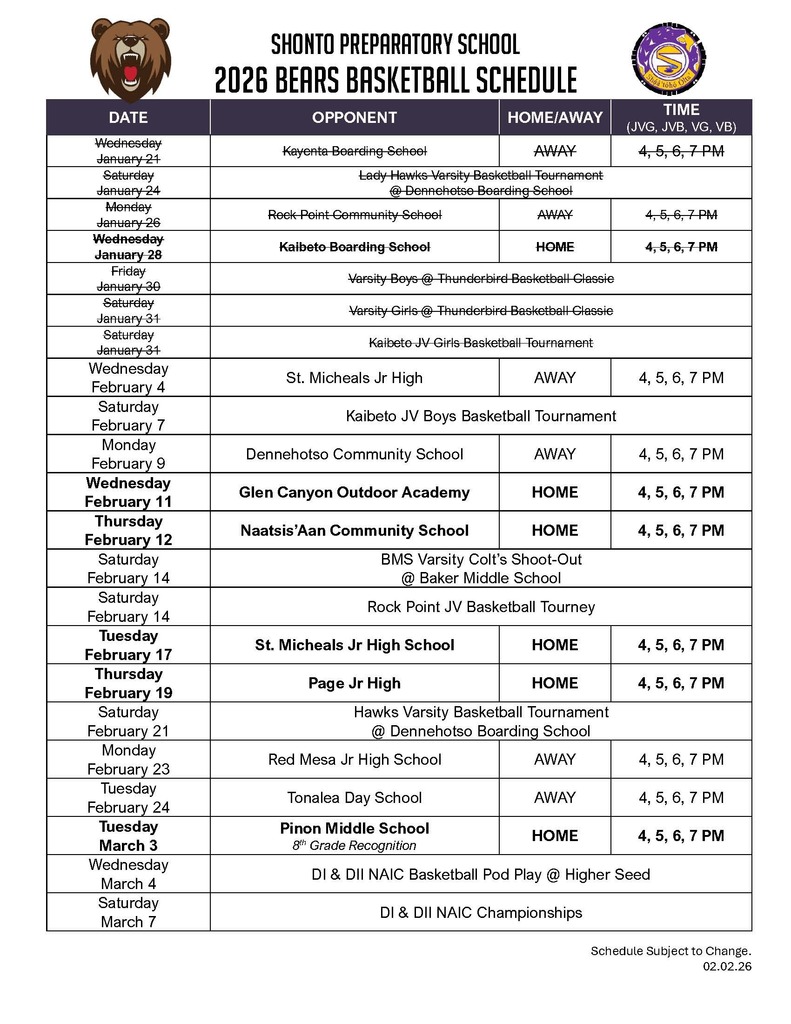 Updated Basketball Schedule