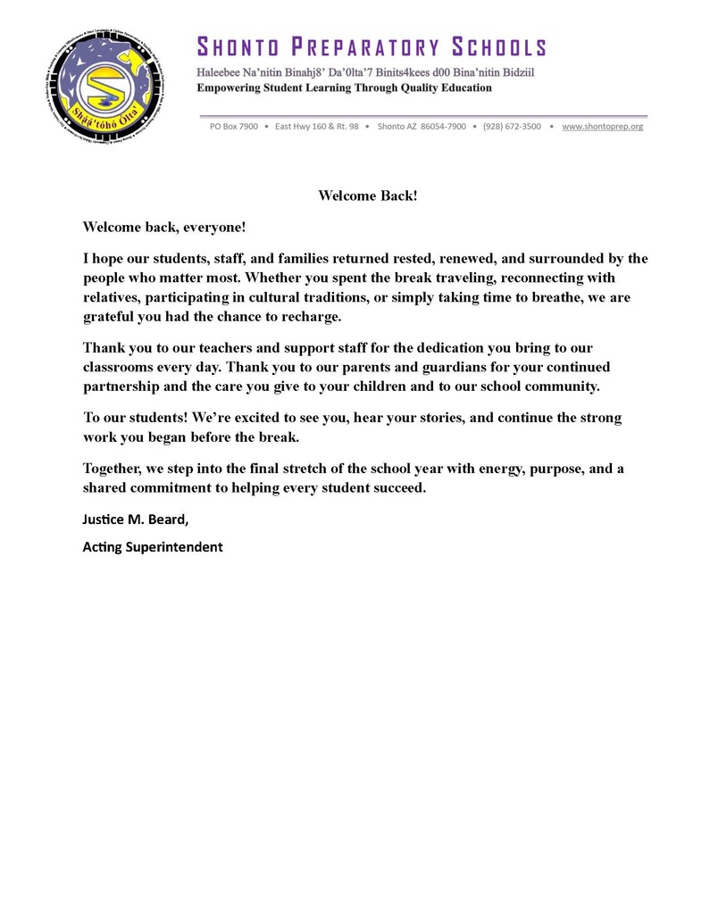 Welcome Back Spring Break Letter from Superintendent
