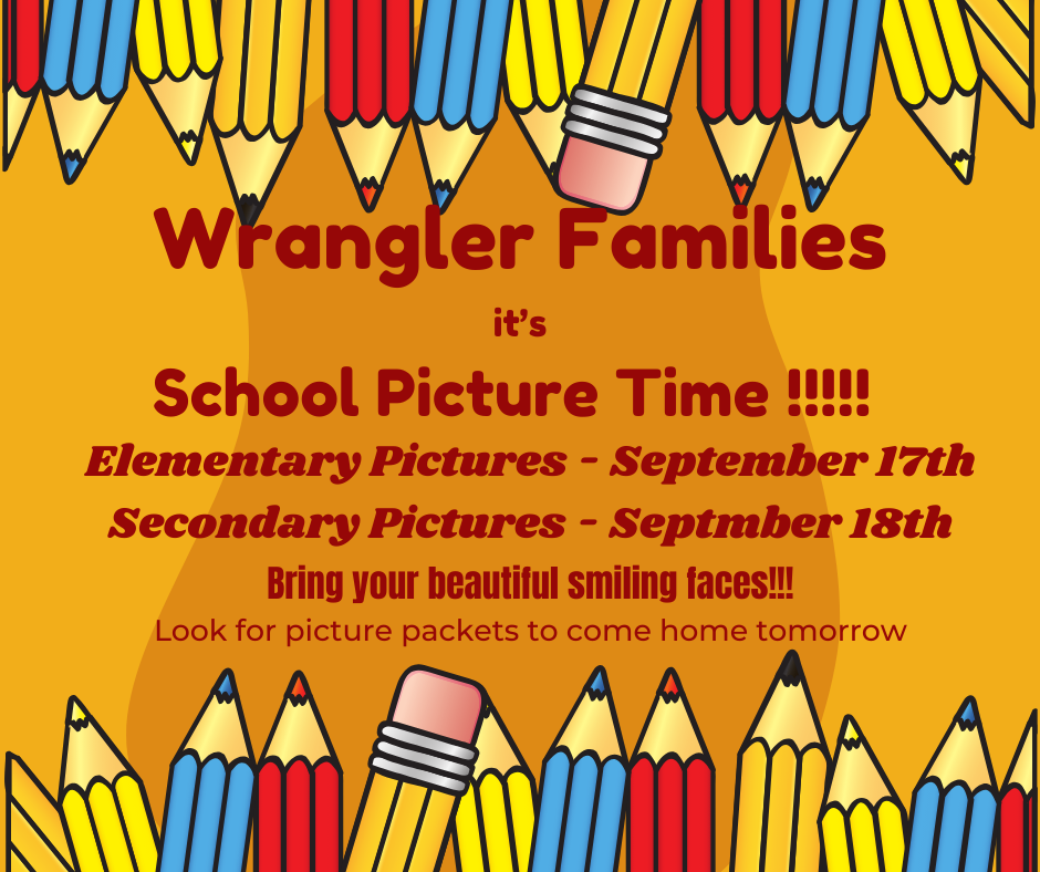School Pictures information with orange background and blue, red and yellow pencils surrounding the boarder.