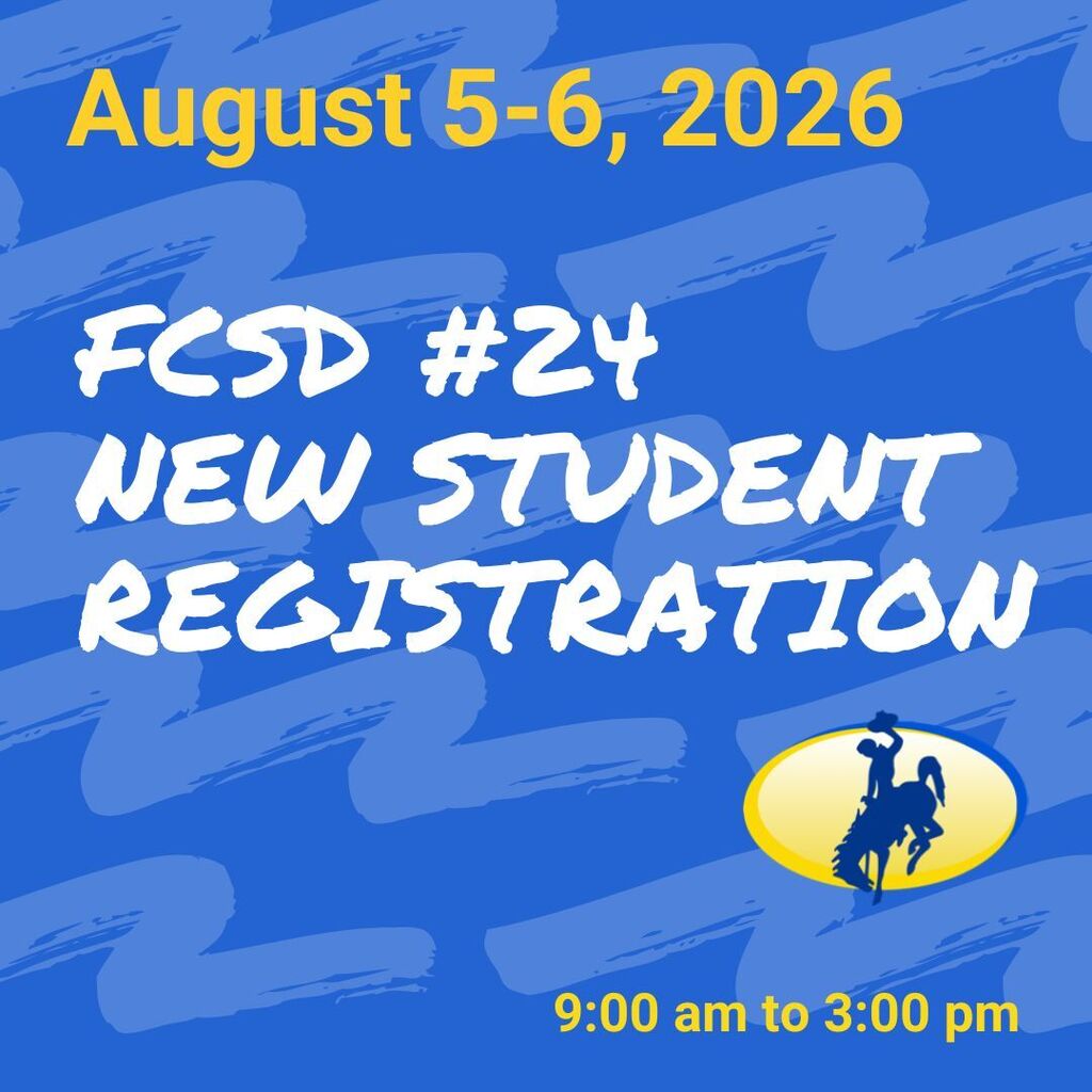 Blue background with light blue swirls, with the details for new student registration in white and yellow lettering
