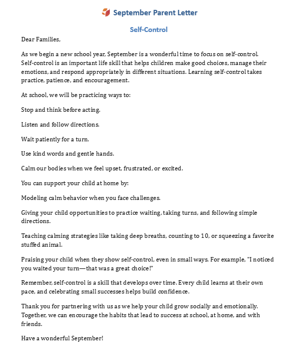 September letter from school counselor