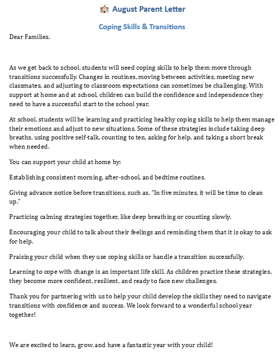 August parent letter from school counselor