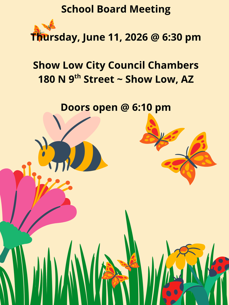 Poster showing the next school board meeting is June 11, 2026 @ 6:30 pm