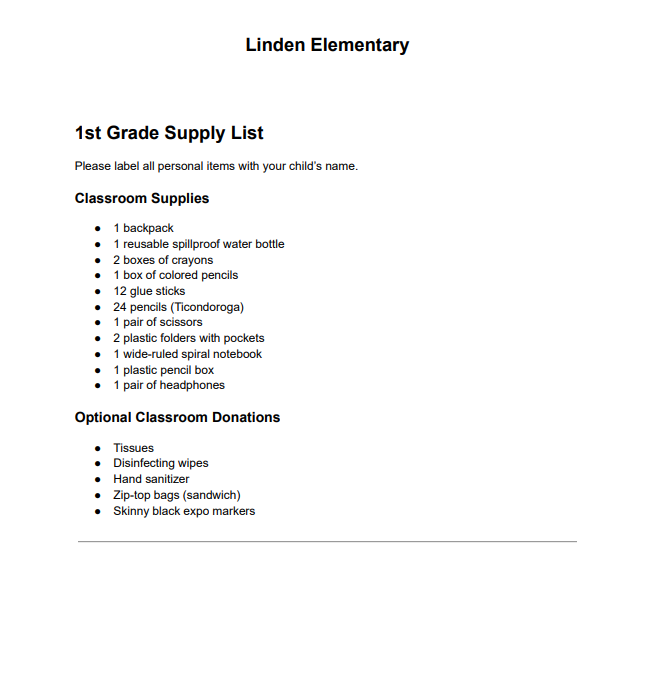 1st grade supplies