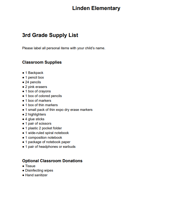 3rd grade supplies