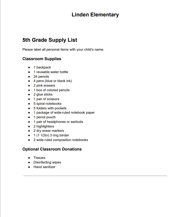 5th grade supplies 