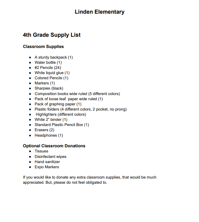 4th grade supplies