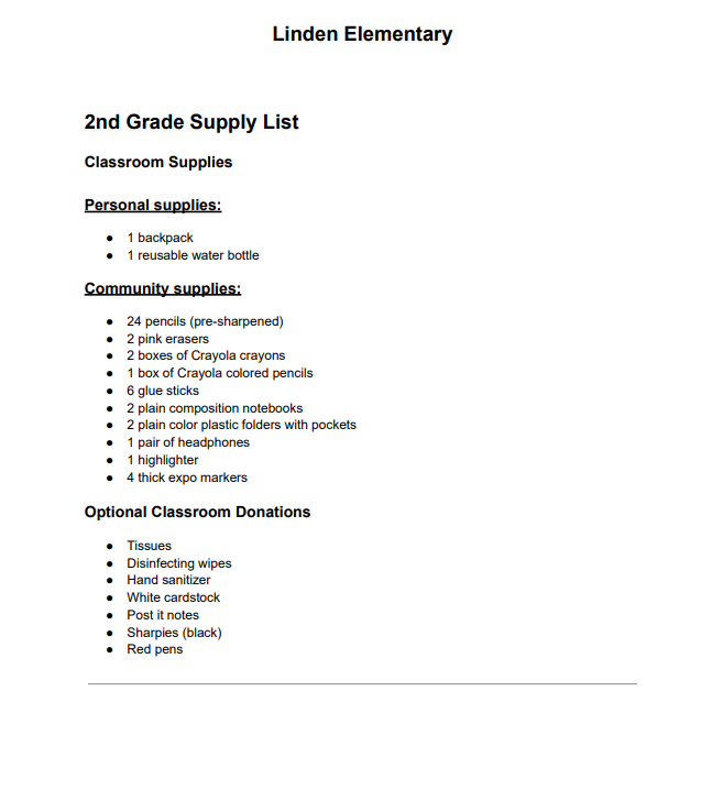 2nd grade supplies