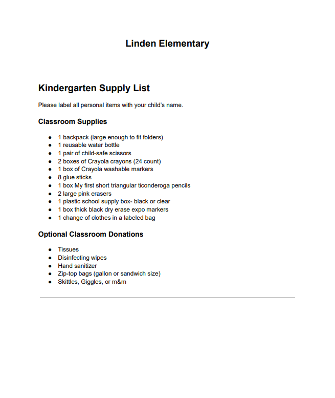 kinder supplies