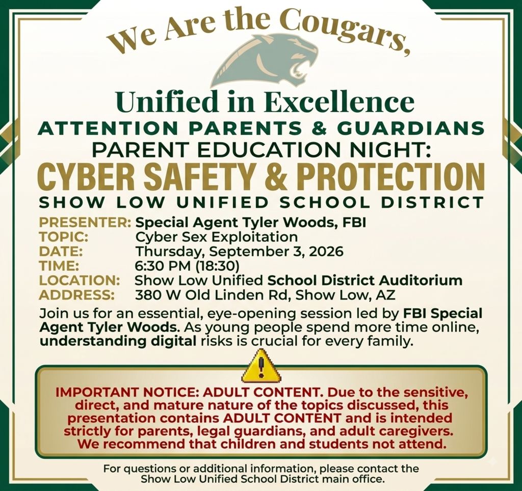 Flyer for Parent meeting on cyber safety & protection September 3, 2026 at 6:30 pm