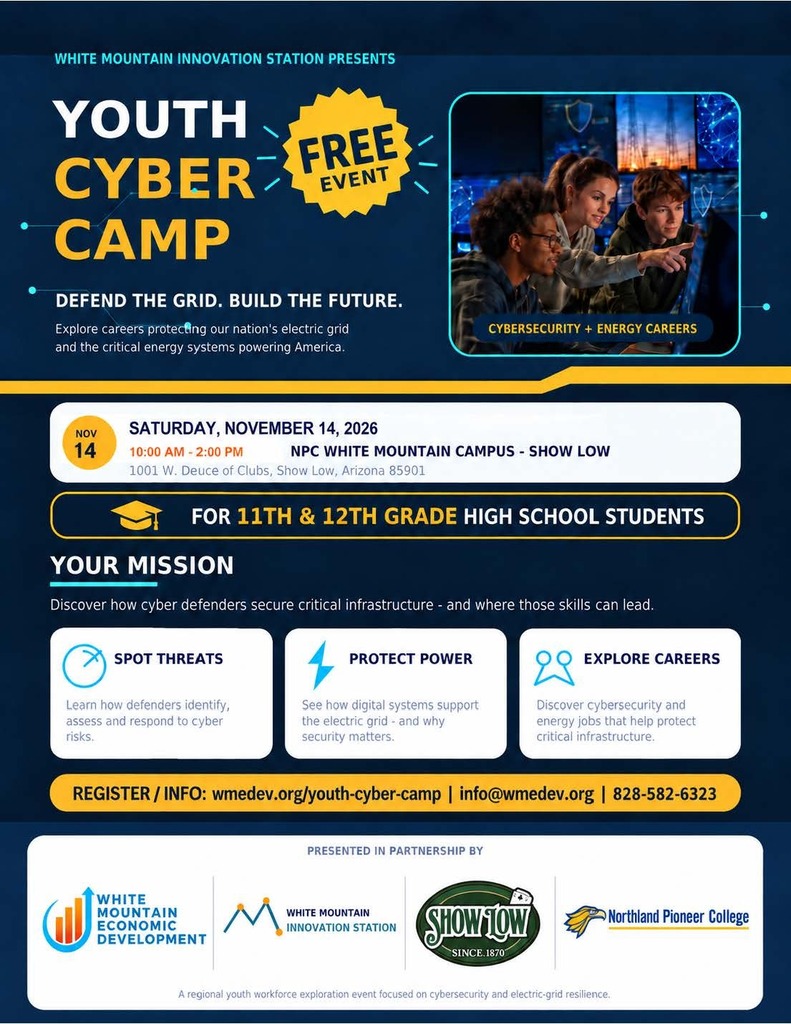 Flyer for Youth Cyber Camp November 14, 2026 from 10 am to 2 pm NPC campus in show low
