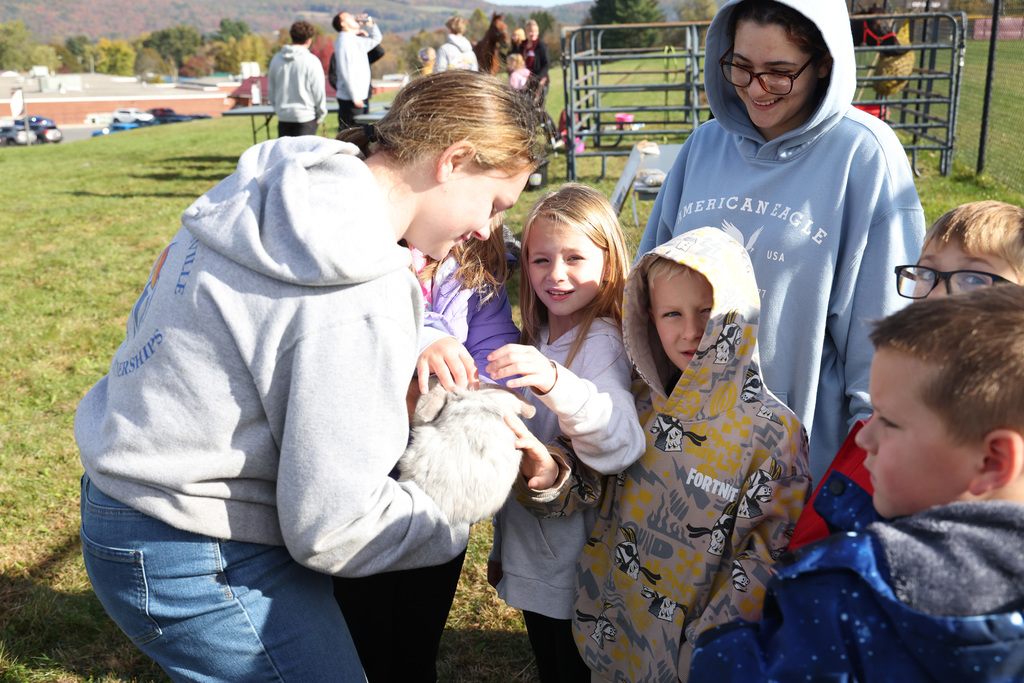 Students interacting with others and animals at the FFA Fair. 
