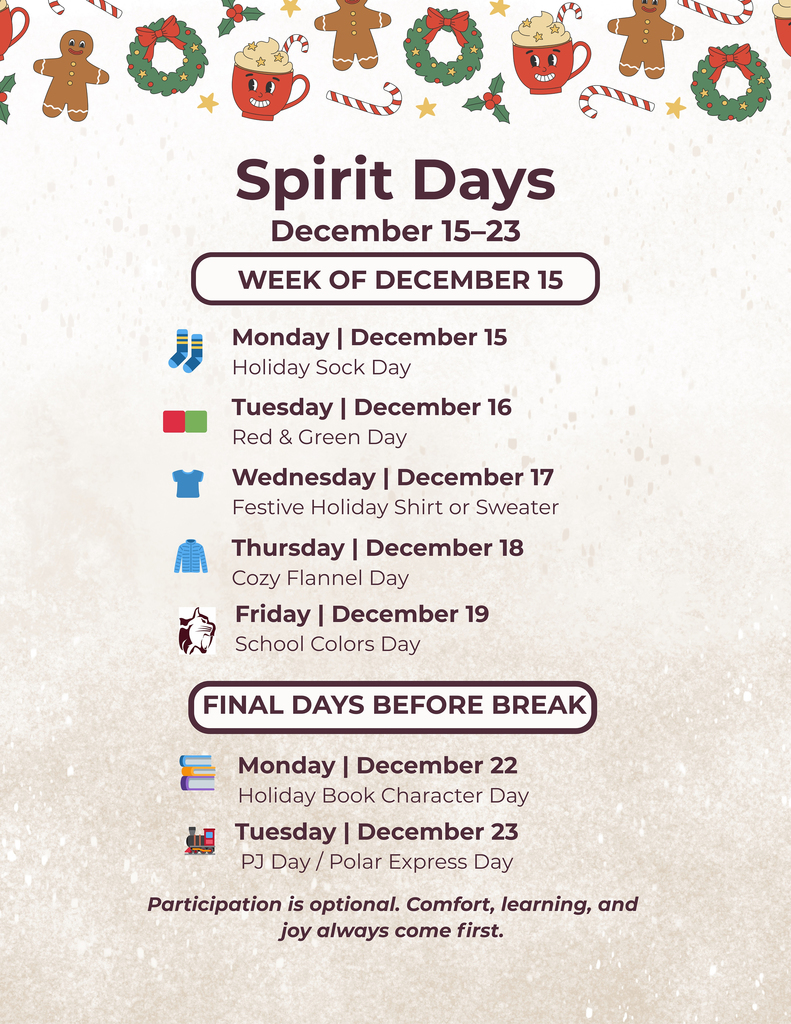 Spirit Days calendar