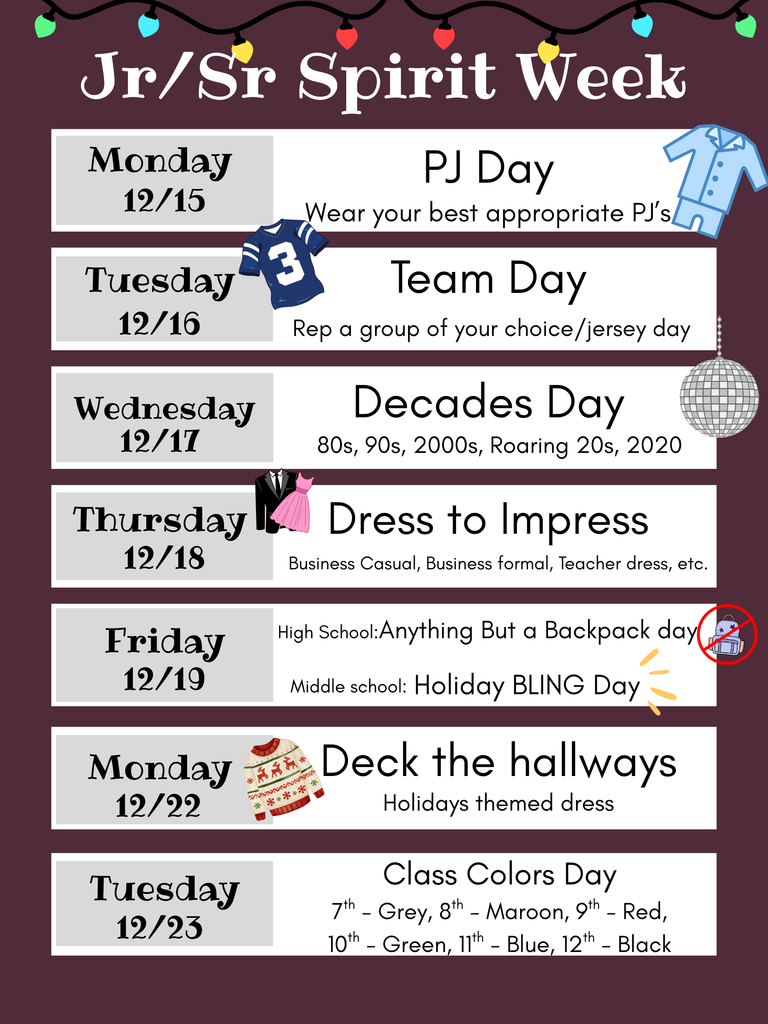 Jr/SR HS spirit week themes graphics
