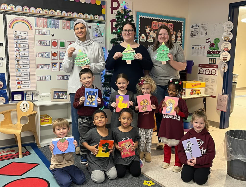 Painting class students with UPK students and their artwork