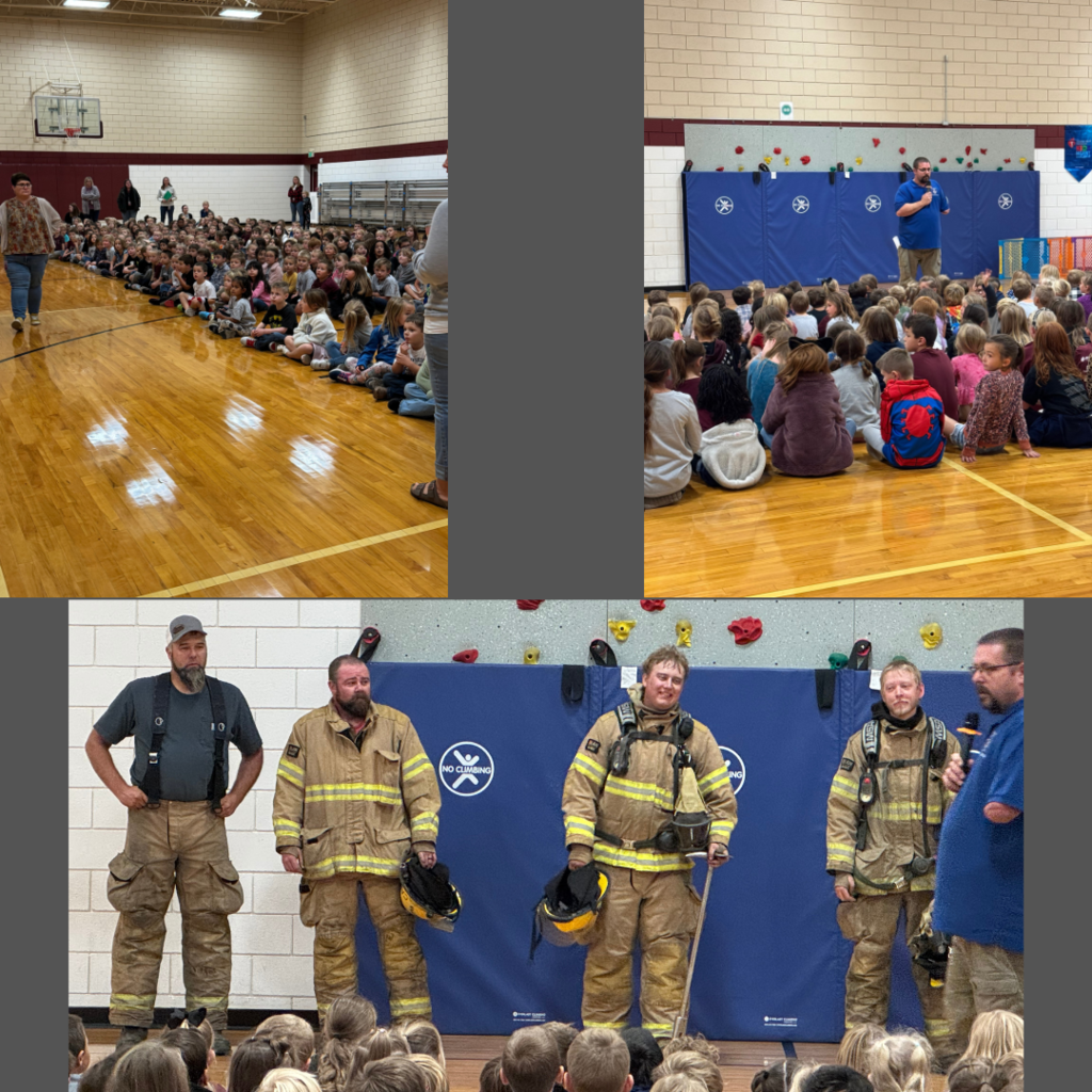 Firefighters getting introduced. Students at the assembly with the fire marshal 