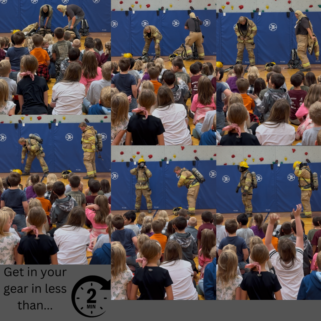 firefighters showing how quickly they get ready to go fight a fire. Less than 2 minutes