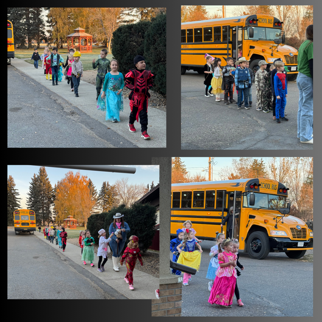 kids getting off the bus to enter the extended care to show their costumes