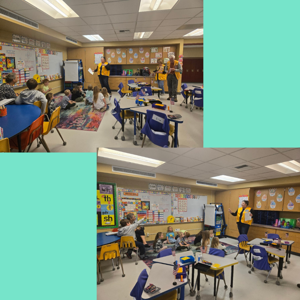 Lions club members handing out flags and talking to our first graders