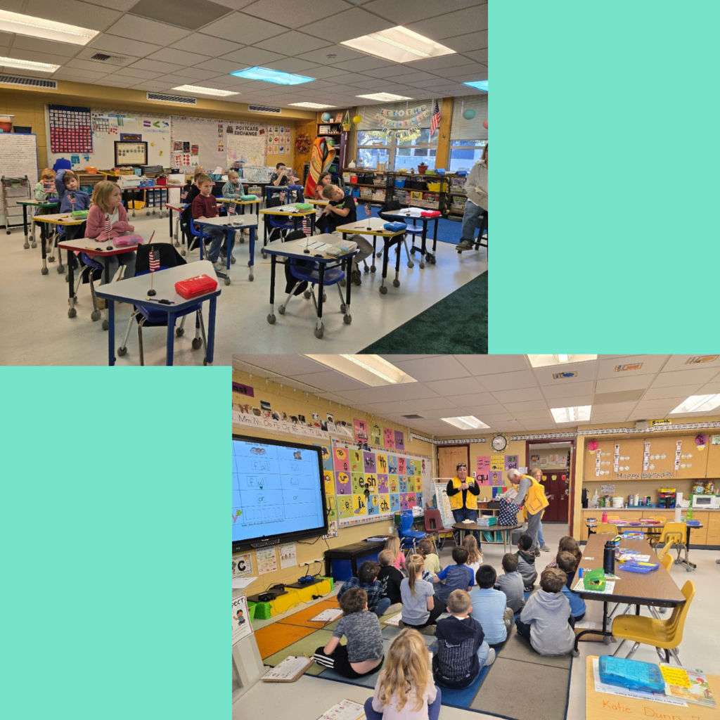 Lions club members handing out flags and talking to our first graders