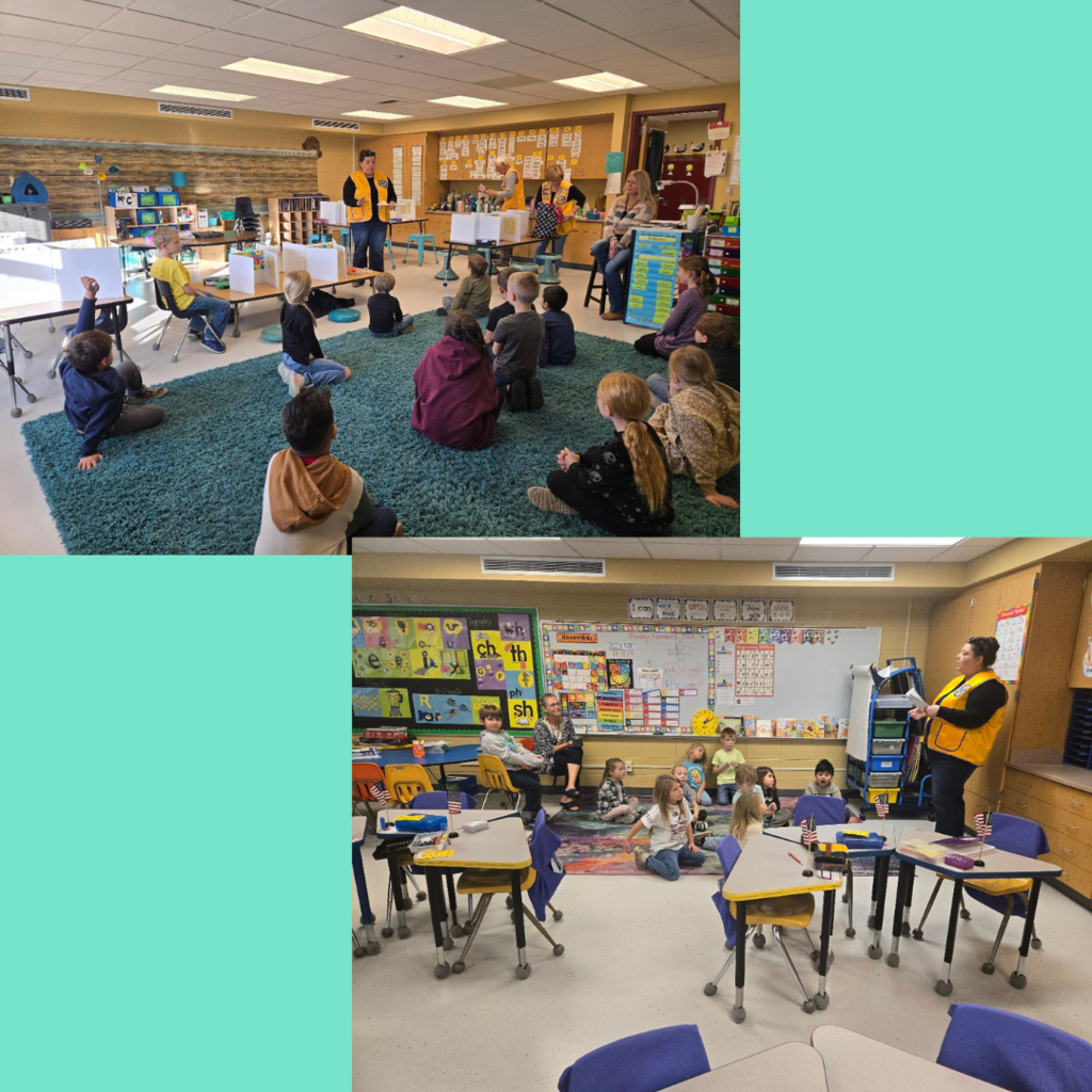 Lions club members handing out flags and talking to our first graders