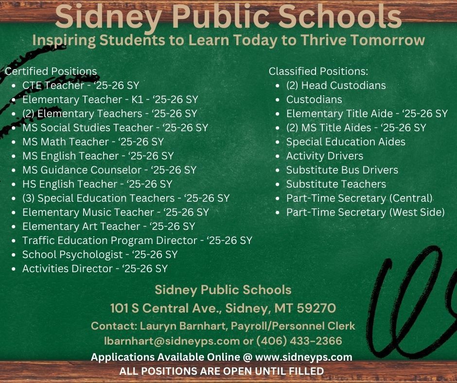 Sidney Public Schools Open Positions
