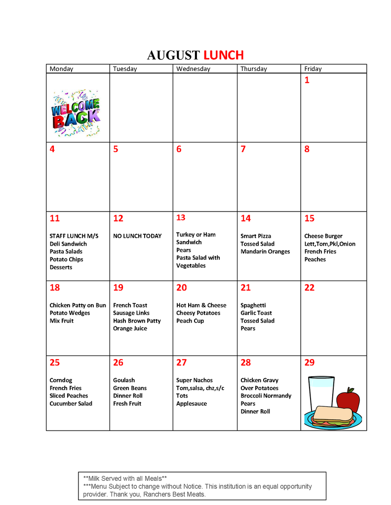 August Lunch Menu