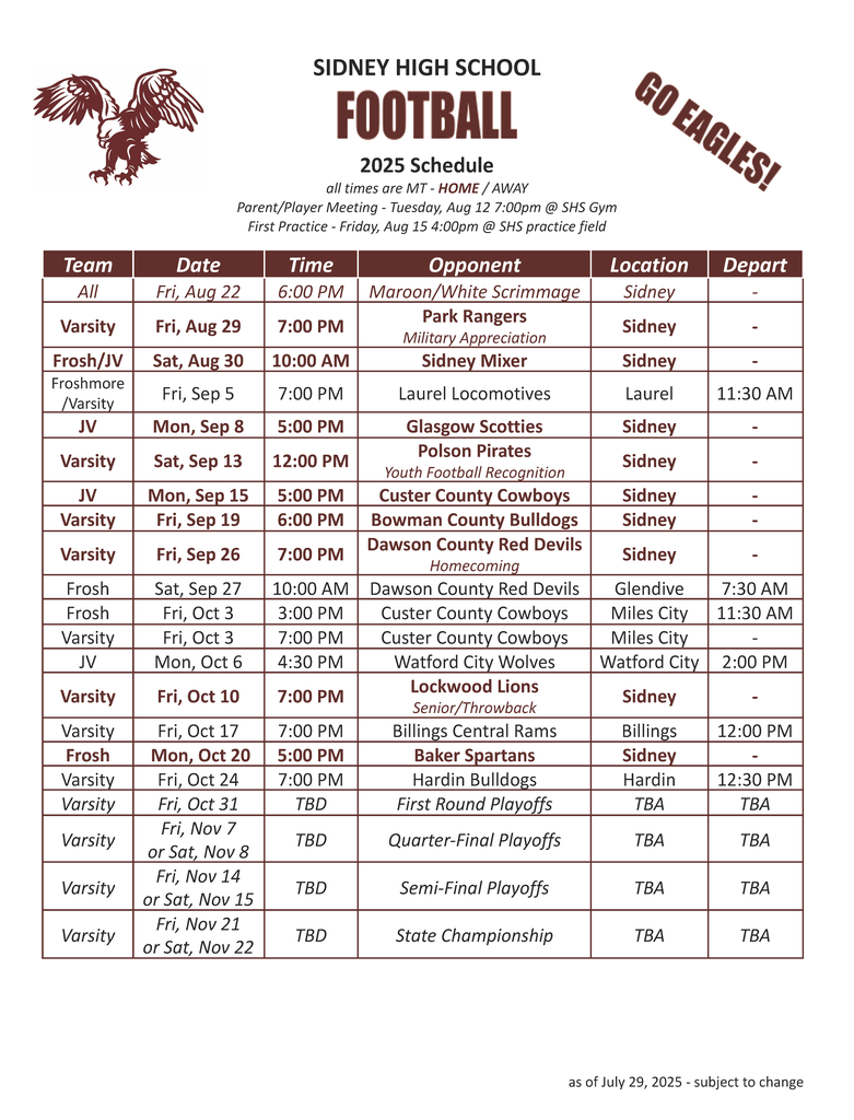 Fall Sports Schedules