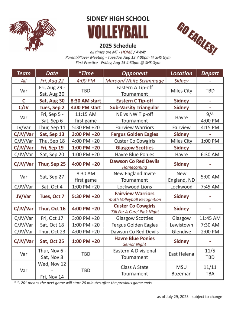 Fall Sports Schedules
