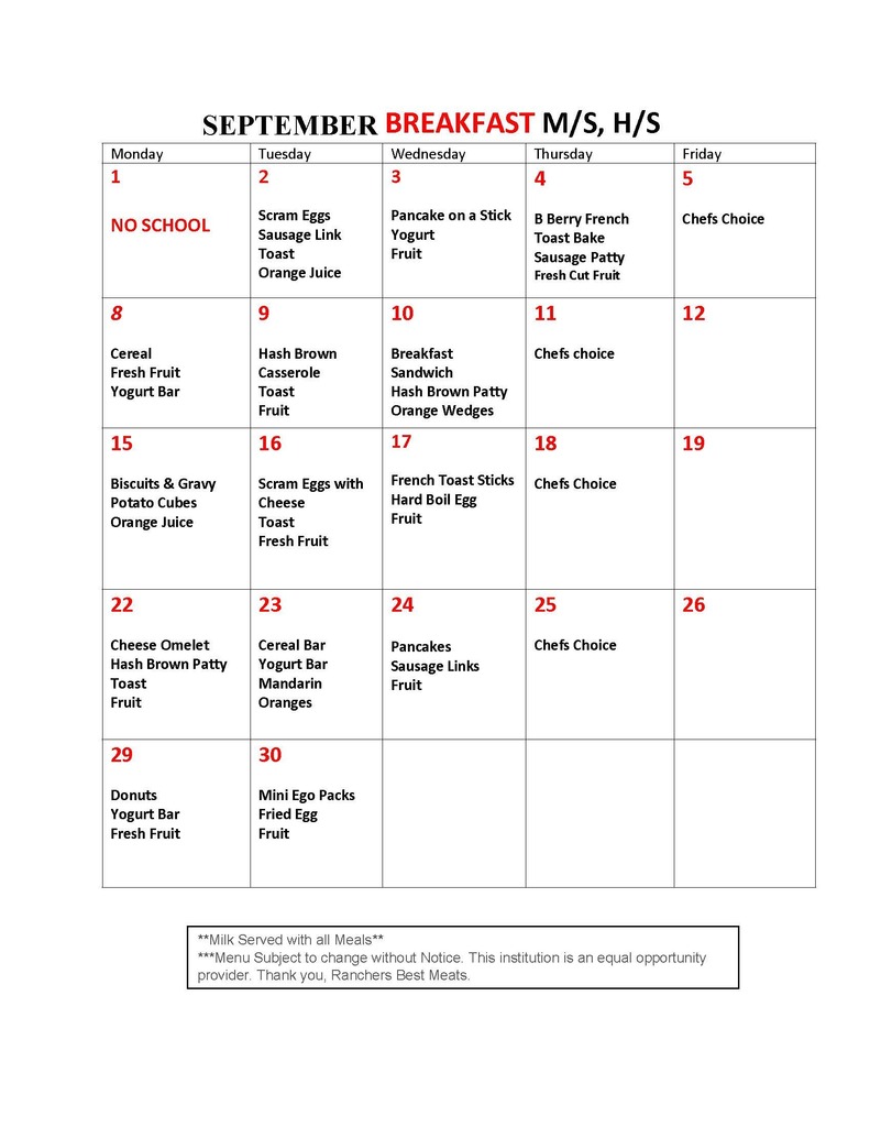 September Breakfast MS HS
