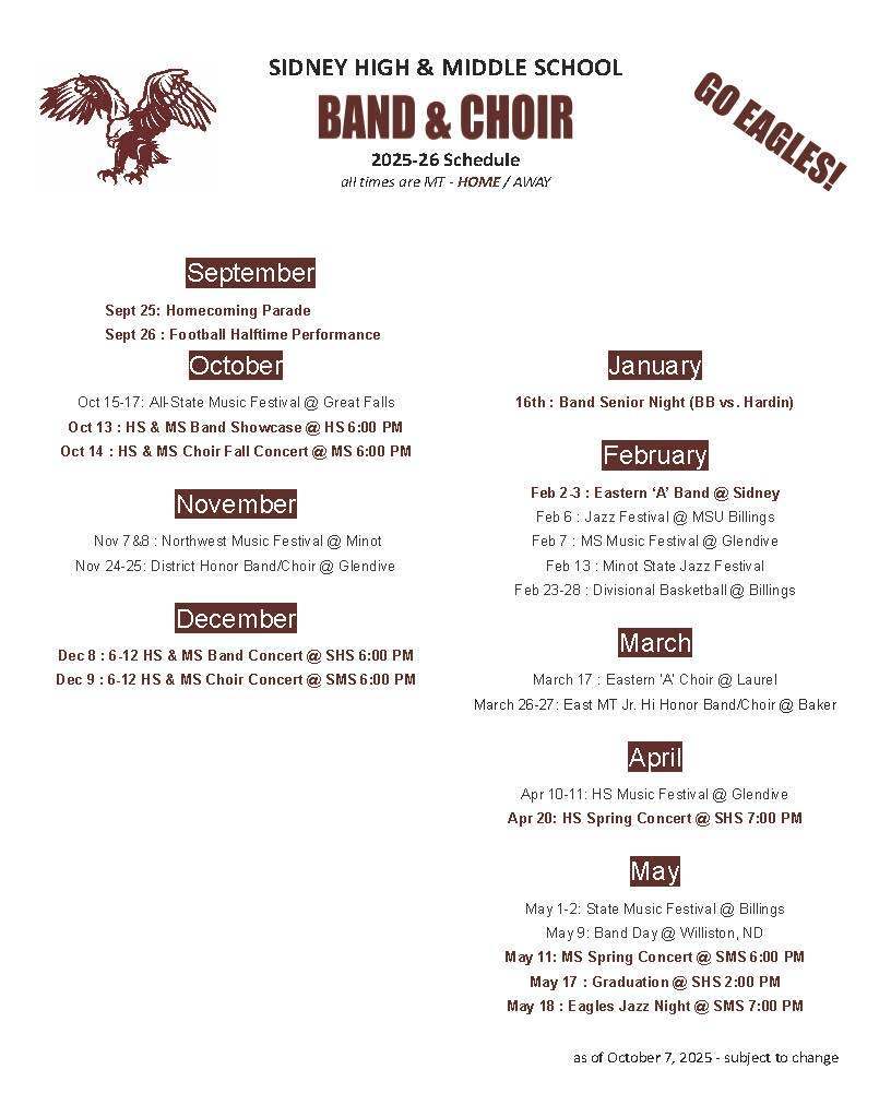 SHS & SMS Band and Choir Schedule